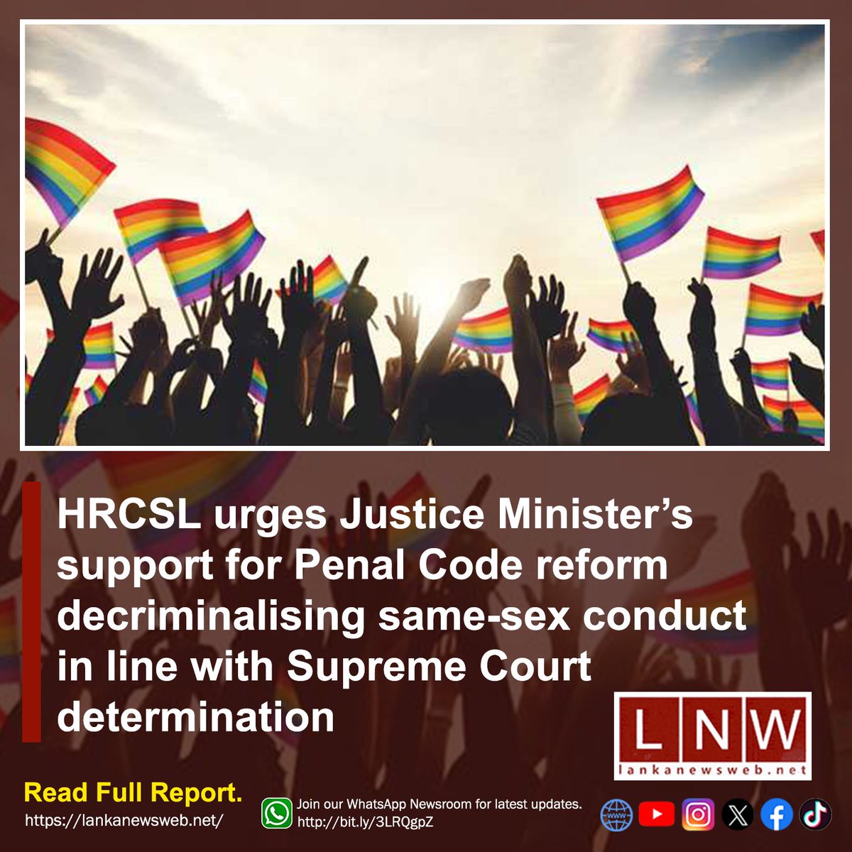 LNWMEDIANETWORK's tweet photo. HRCSL urges Justice Minister's support for Penal Code reform decriminalising same-sex conduct in line with Supreme Court determination #SriLanka #lka #LGBTIQ #LNW 

https://t.co/xNHiS4y151 https://t.co/mP7nJui7T6