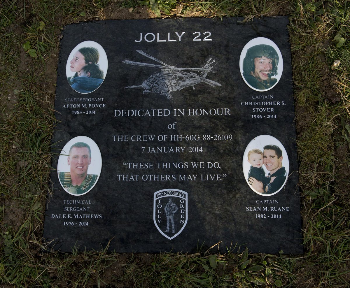 WE WILL REMEMBER THEM Capt Christopher S. Stover, Capt Sean M. Ruane, Technical Sergeant Dale E. Mathews, and Staff Sergeant Afton M. Ponce. 10years ago, Jolly 22 went down on the Coast of Norfolk killing all 4 aboard. A ceremony was held in their Honor Sunday. @usairforce