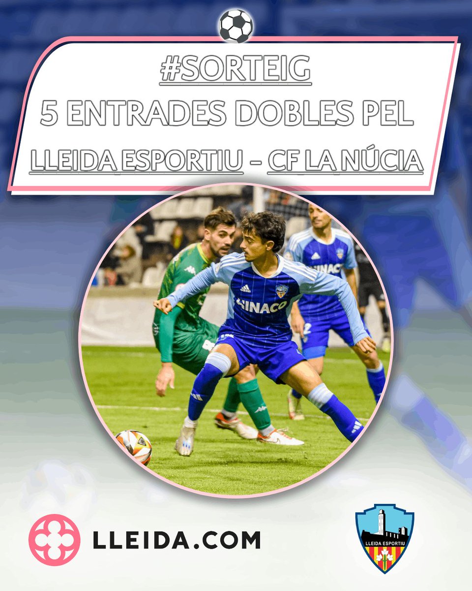 ⚽ #SORTEIG | Regalem 5 ENTRADES DOBLES (lateral) pel #LleidaEsportiu 🆚 CF La Núcia ⬇️
1️⃣ Like ❤️+RT 🔃
2️⃣Menciona/comenta amb qui hi aniries
3️⃣Segueix <a href="/Lleidacom_ag/">LLEIDA.COM Agenda</a>, <a href="/lleidacom/">LLEIDA.COM</a> i @SalvarLleidaEsp
🍀Tancament divendres 12/1/2024 (11h)
🔗Més info i bases: lleida.com/concurs/sortei…