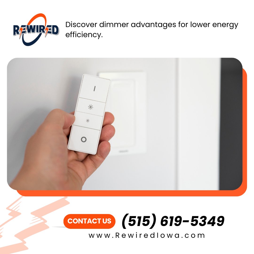 Rewirediowa's tweet image. Dimmer advantages: lower energy bills and the perfect lighting mood. Rewired Iowa offers Urbandale IA home electrical upgrades with state-of-the-art dimmers. Create the ideal atmosphere. Contact us at (515) 619-5349 to revolutionize your lighting. #Dimmers #LightingMood