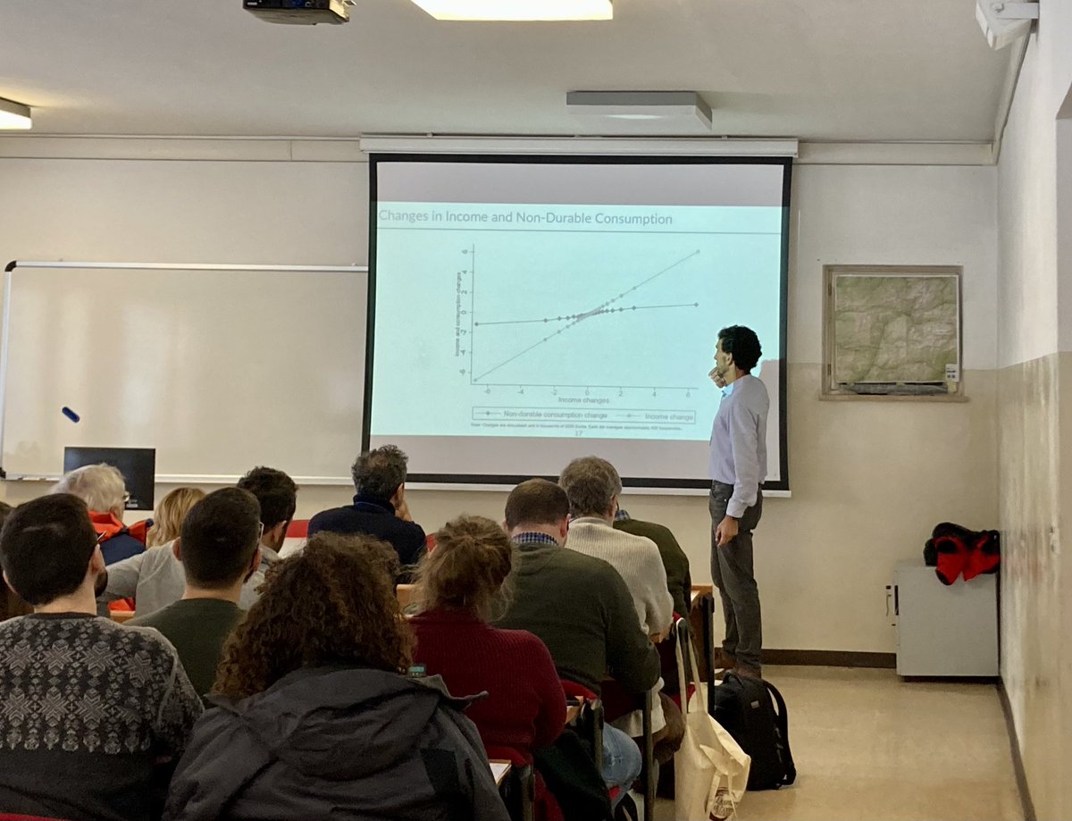 SchiavonLucia's tweet photo. @FAndreoli83 Lecture 1 - Engaging first lecture at  #IT17 winter school! Surprisingly results from Fabrizio Perri’s study using Italian data, household consumption is pretty resilient to income shocks, yet a pronounced response can be observe in terms of wealth. https://t.co/LH8Fu2DAu7