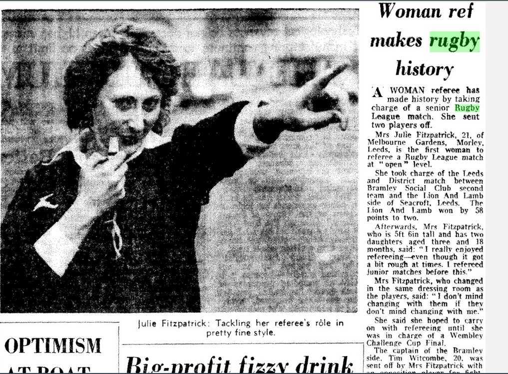 40 yrs ago today 'Women ref makes history' by taking charge of senior match in Rugby League for 1st time. She sent 2 players off! She took charge of Bramley Social Club against Lion and Lamb side of Seacroft, Leeds.