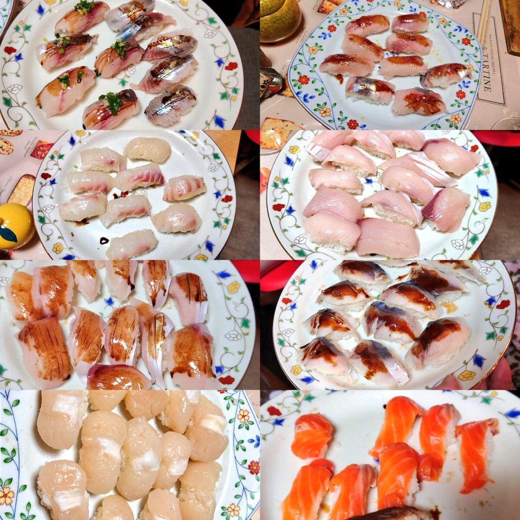 TS_mn's tweet photo. 新年会「お寿司とワインの会」で
鯵、鰯、鰊、真鯛昆布締め、〆鯖、帆立、
サーモン、鰹（たたき＆漬）、
中トロ、大トロ、バクダン軍艦、たまご
を握りました🍣
大根の肉乗せと赤出汁で終わり。

握りは助っ人にも手伝ってもらいなんとか12人分を完走。
（美味かった…） https://t.co/3XV9U3adZX