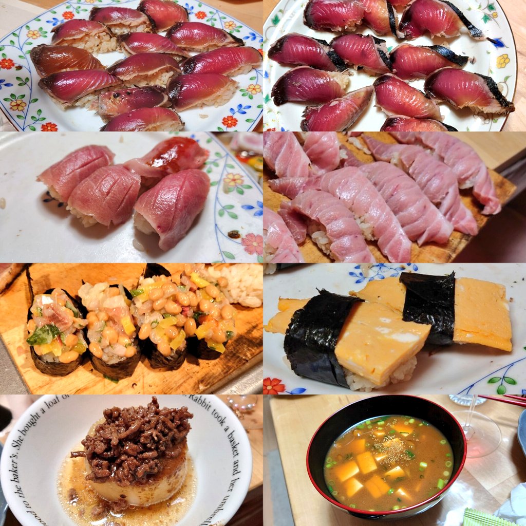 TS_mn's tweet photo. 新年会「お寿司とワインの会」で
鯵、鰯、鰊、真鯛昆布締め、〆鯖、帆立、
サーモン、鰹（たたき＆漬）、
中トロ、大トロ、バクダン軍艦、たまご
を握りました🍣
大根の肉乗せと赤出汁で終わり。

握りは助っ人にも手伝ってもらいなんとか12人分を完走。
（美味かった…） https://t.co/3XV9U3adZX