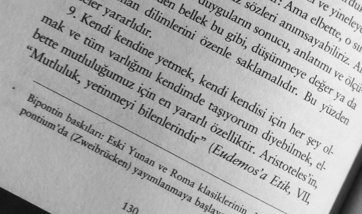 "Kendi kendine yetmek, kendi kendisi için her şey olmak ve tüm varlığımı kendimde taşıyorum diyebilmek, elbette mutluluğumuz için en yararlı özelliktir."

  — Aristoteles der ki, "Mutluluk, yetinmeyi bilenlerindir."