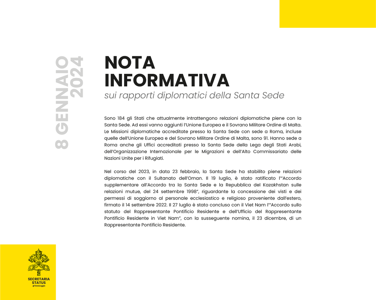 Nota Informativa sui rapporti diplomatici della Santa Sede🇻🇦.