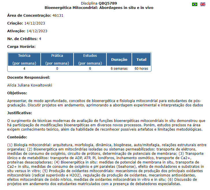 Energy Metabolism Lab (@labmetabolism) on Twitter photo Estão abertas até dia 21 matrículas na disciplina de pós-graduação de Bioenergética Mitocondrial!
Estudantes de PG da USP podem realizar matrícula pelo Janus. Pós-docs e PGs de outras universidades podem participar como alunos especiais. Contato: secpos@iq.usp.br Estão abertas até dia 21 matrículas na disciplina de pós-graduação de Bioenergética Mitocondrial!
Estudantes de PG da USP podem realizar matrícula pelo Janus. Pós-docs e PGs de outras universidades podem participar como alunos especiais. Contato: secpos@iq.usp.br