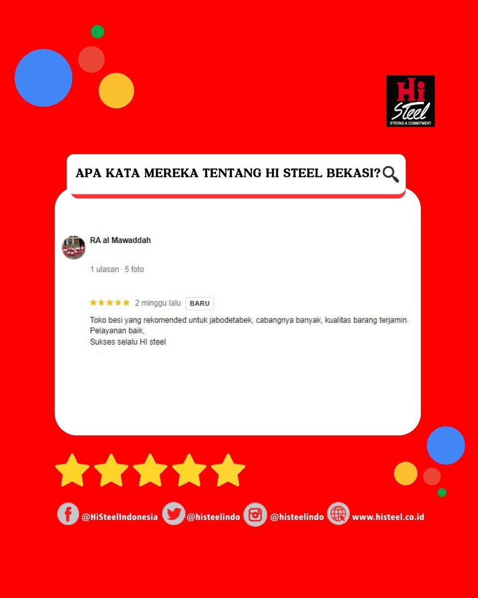histeelindo's tweet photo. Yuk, intip review customer Hi Steel Bekasi di Google! π
Belanja bahan kontruksi dan mau diantar sampai tujuan? Bisa langsung kunjungi cabang Hi Steel terdekat. Pesan online di https://t.co/nwlTLiTxO2 atau 0812.9111.3330 (Marketing Online Hi Steel).
#HiSteel #google #customer https://t.co/nSBWHV7vtC