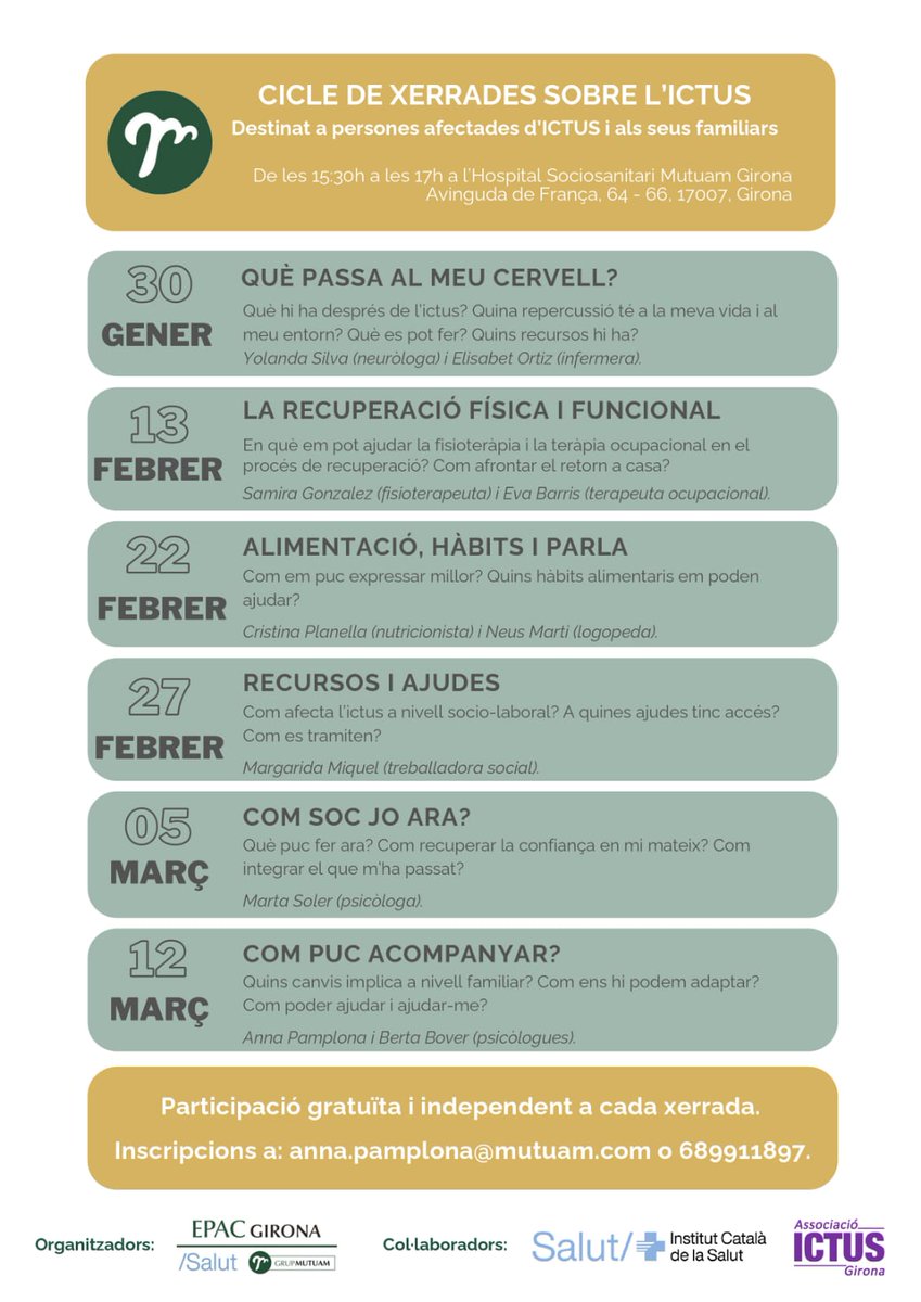 apamplonapsic's tweet photo. L'Equip Psicològic d'Atenció a la Cronicitat de @grupmutuam organitzem un cicle de xerrades sobre l'ictus, en col•laboració amb @icsgirona @Ictus_Girona i @ICTUSGIRONA 

Un espai per compartir informació de les mans de les millors professionals en la matèria. T'ho perdràs? 👇 https://t.co/fGBdCS2CFy