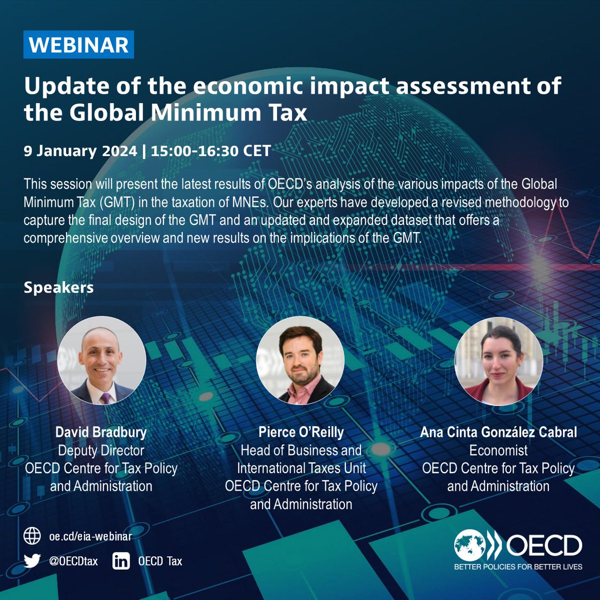 You can still register for tomorrow's webinar, where OECD experts will discuss the latest results regarding the impact of the Global Minimum Tax on the taxation of MNEs. 🗓️ 9 January 2024 🕒 15:00 CET ✍️📺➡️ oe.cd/eia-webinar #GlobalMinimumTax