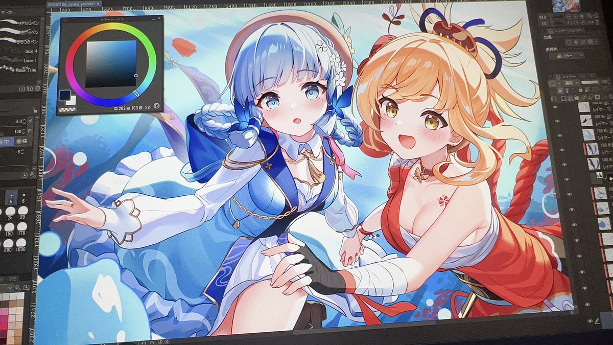kumokoneko's tweet photo. 休日最後の日、綾華ちゃんと宵宮ちゃんのフォンテーヌの旅作業中です｡ﾟ(ﾟ´ω`ﾟ)ﾟ｡ https://t.co/jbDU16xzqh