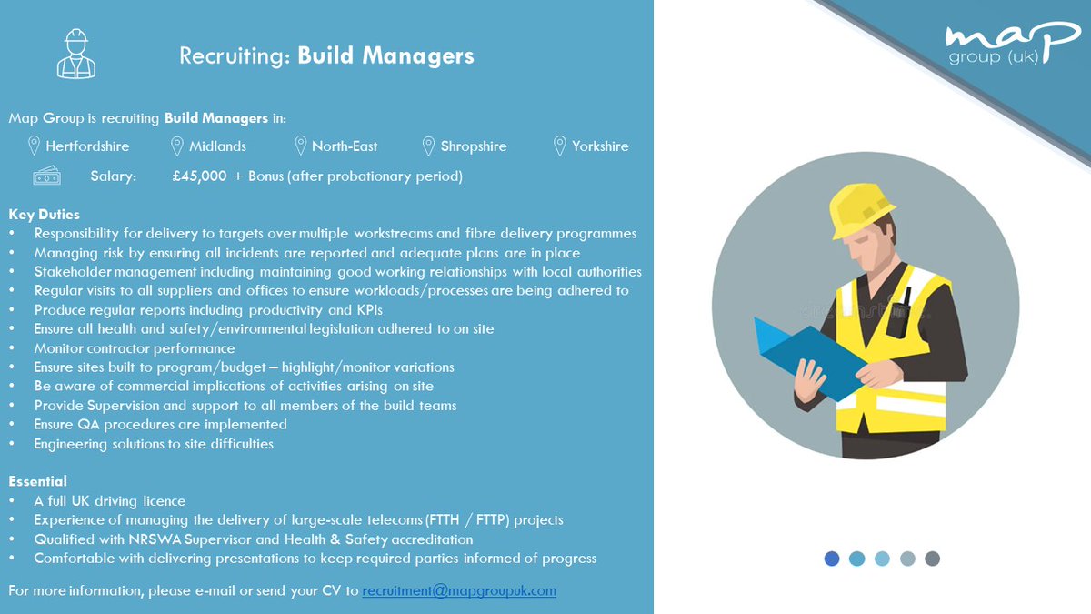 MapGroupuk1's tweet photo. Map Group UK is recruiting Build Managers in:
📍 Hertfordshire
📍 Midlands
📍 North-East
📍 Shropshire
📍 Yorkshire
💸 £45,000 + Bonus (after probationary period)
If you or someone you know is looking for a role, please get in touch by forwarding CVs to recruitment@mapgroupuk.com https://t.co/L23ulhPDw9