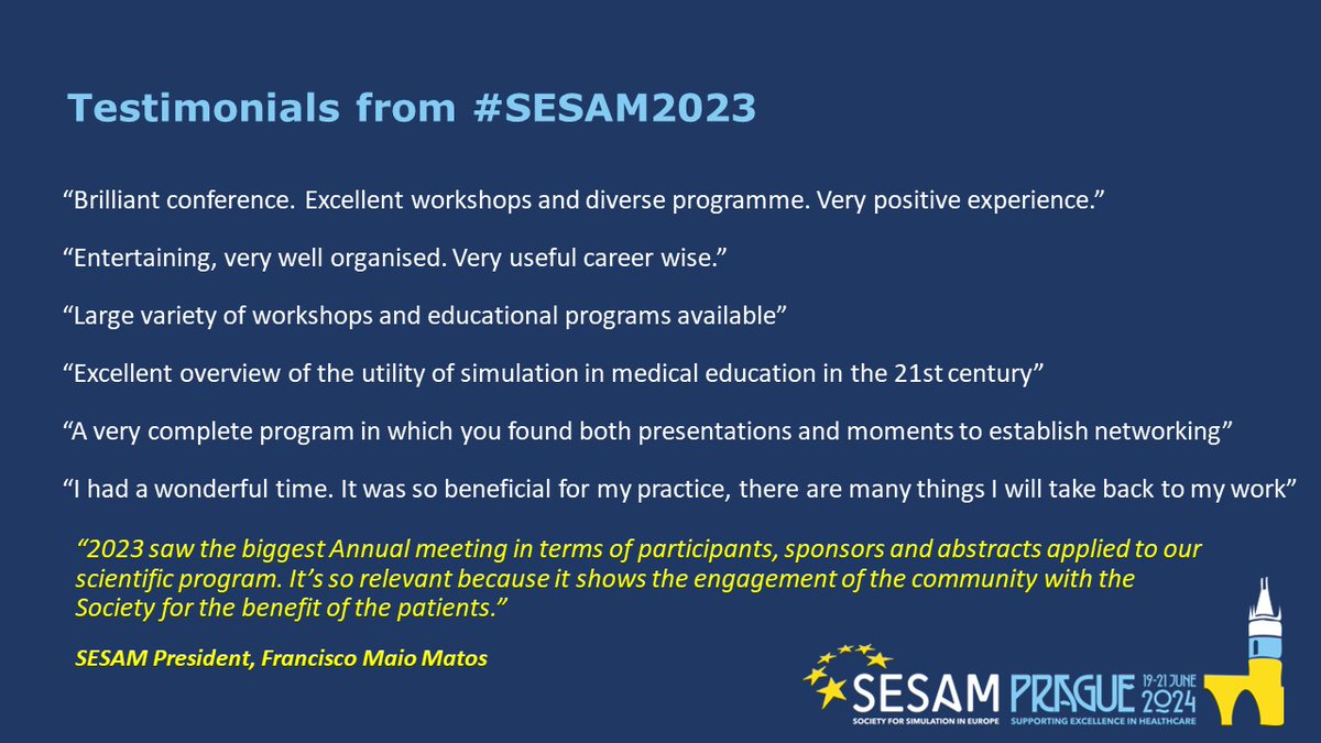 The countdown begins! The 29th Annual Meeting of SESAM will take place 19-21 June in Prague. Don't miss out on Early Bird rates. Exhibition places are selling fast. Register here eu.eventscloud.com/website/12346/… #SESAM2024 #Simulation #PatientSafety #MedSim