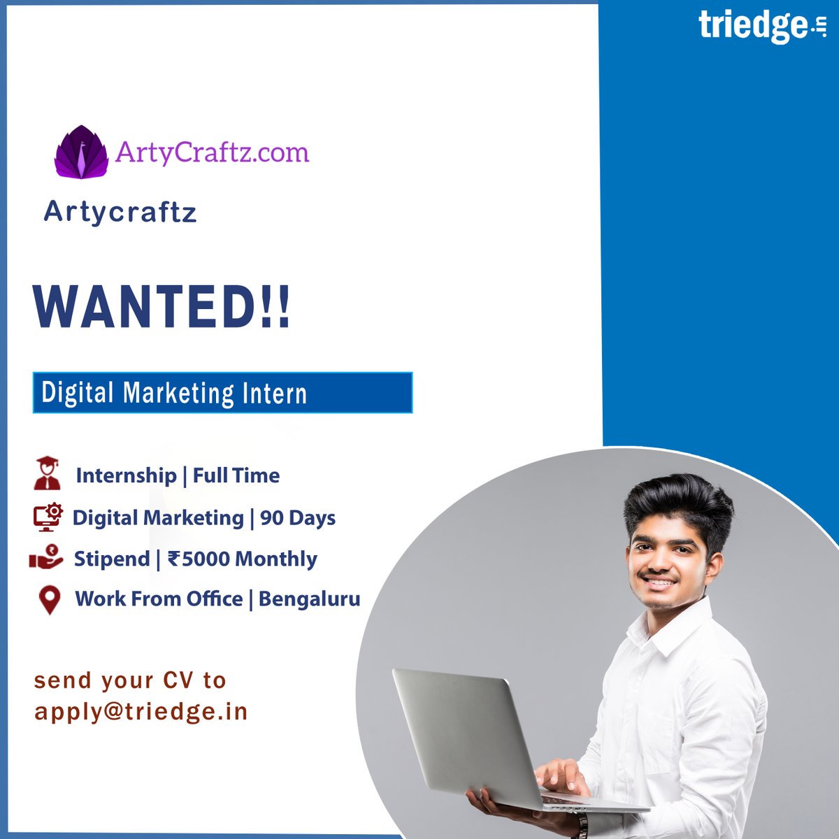 Artycraftz is providing job opportunities for Digital Marketing Intern

.Apply with your resume at apply@triedge.in.

#internship #marketing