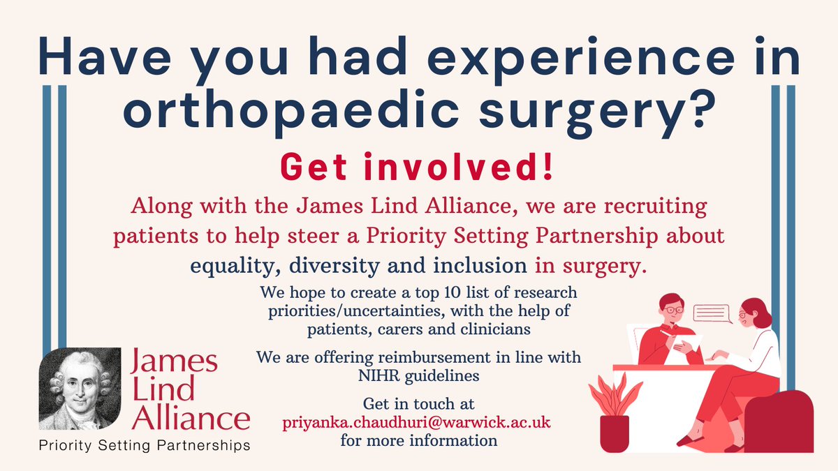 Our first Steering Group meeting is fast approaching! If you're a patient with experience in surgery/Orthopaedics, there's still time to get involved with our PSP on equality, diversity, and inclusion in surgery. Send us a message or an email!