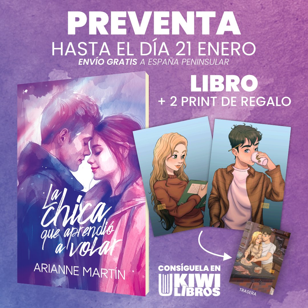 ¡Nueva preventa en la web!
LA CHICA QUE APRENDIÓ A VOLAR, de Arianne Martín <a href="/ariannemartinn/">Arianne Martin</a>
Solo durante la preventa, consigue estas 2 postales A6 de los personajes y una escena 😍
¡Si eres de península, el envío es gratis!

🔗kiwilibros.com/arianne-martin…

¡Reserva el tuyo ya!