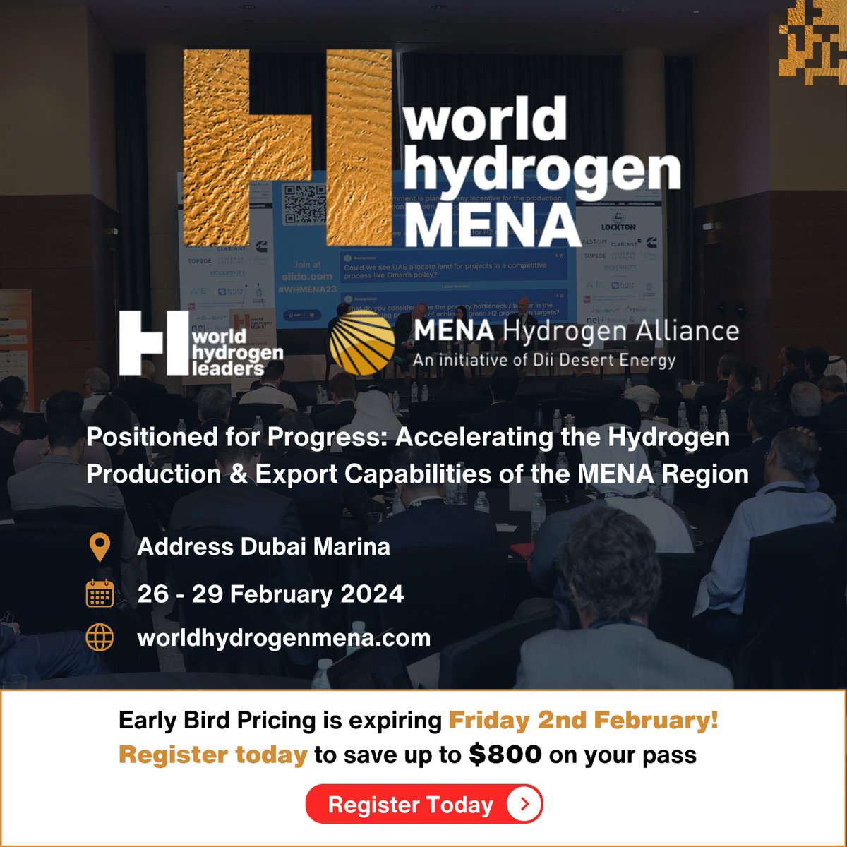 We&#39;re joining @HydrogenLeaders for the region&#39;s longest-standing hydrogen congress, World Hydrogen MENA, in Dubai from 26-29 February! Early Bird pricing for delegate passes expire on Friday 2 February! Secure your place now: worldhydrogenmena.com/event/67c9368f… #WHMENA24 #hydrogen