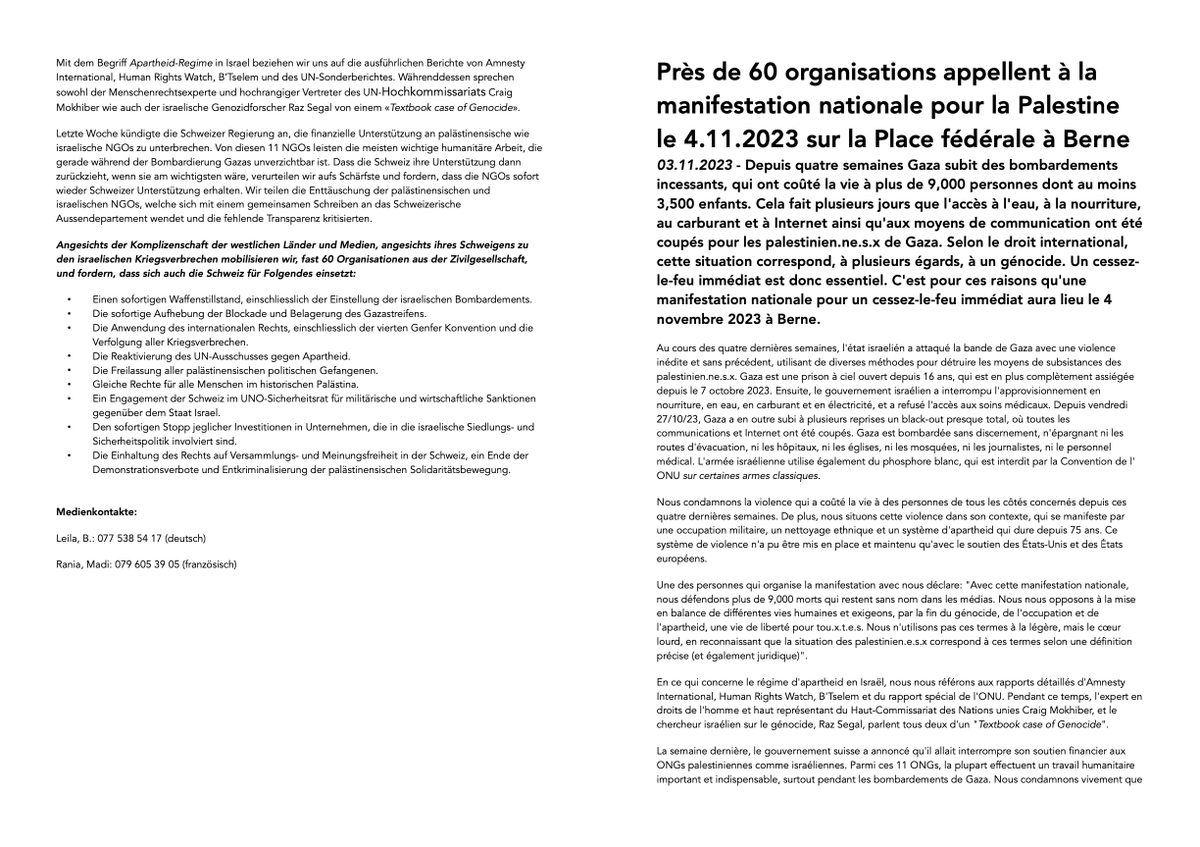 bern4palestine's tweet photo. +++ MEDIENMITTEILUNG / COMMUNIQUÉ DE PRESSE 03.11.23 +++ https://t.co/Bgt79Gbns6