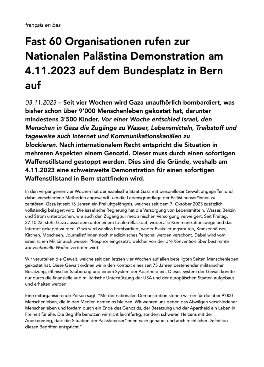 bern4palestine's tweet photo. +++ MEDIENMITTEILUNG / COMMUNIQUÉ DE PRESSE 03.11.23 +++ https://t.co/Bgt79Gbns6