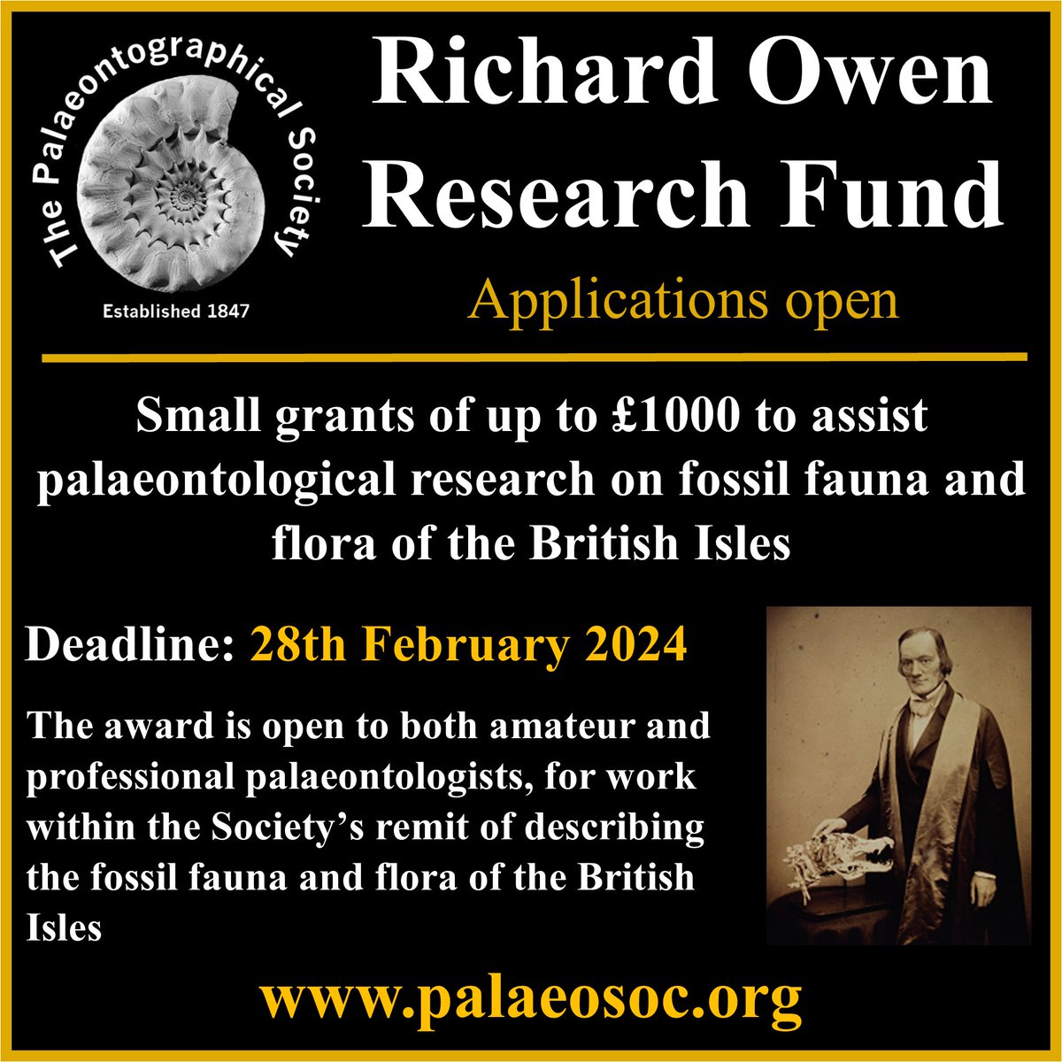 Palaeonto_Soc's tweet photo. Applications are open for our Richard Owen Research Fund. A really great opportunity to obtain funds to complete projects, gather data, make museums visits, and more. Details on our website: https://t.co/WKz7yrriYi https://t.co/SxlqMJyLaj
