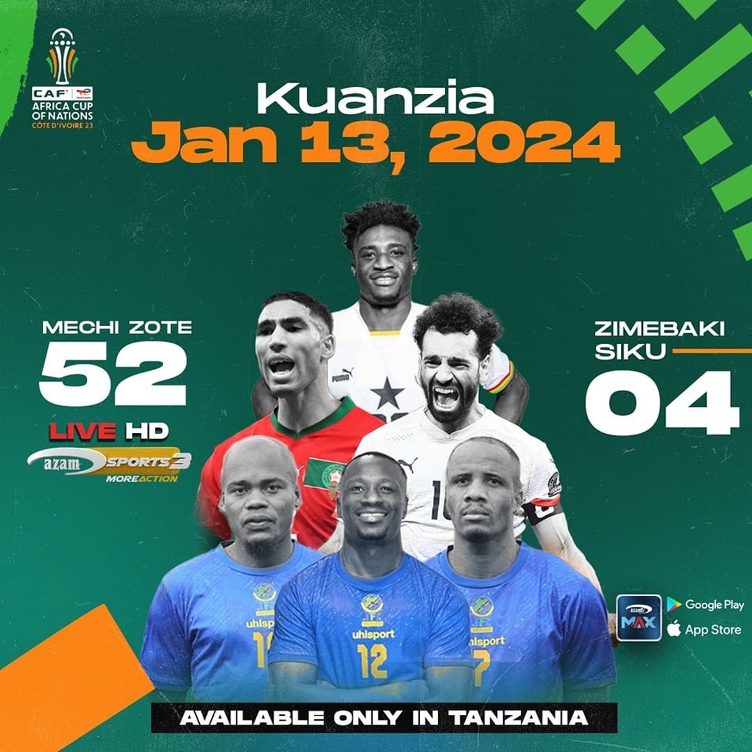 utvtz1's tweet photo. Siku Nne zimebakia michuano ya AFCON kuanza ni kupitia AzamTV utashuhudia mechi zote 52 zikiwa katika muonekano ang'avu (HD)

Burudani yote hii ni kwa kifurushi cha shilingi 25,000 kwa mwezi

Mechi hizi zitaruka Tanzania Pekee kwenye kisimbuzi na kupitia AzamTV MAX App https://t.co/2ltW34J6IM