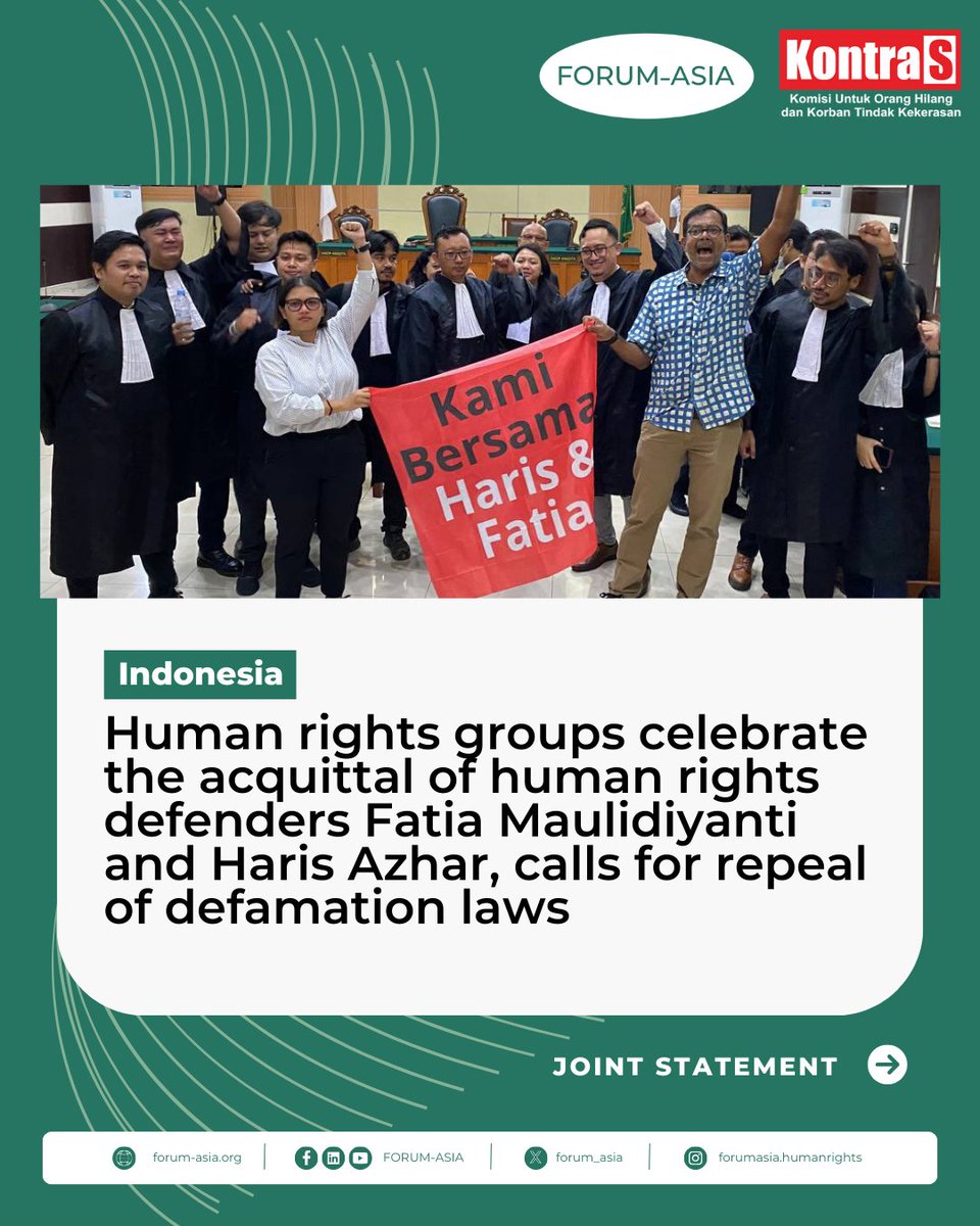 forum_asia's tweet photo. #Indonesia: @forum_asia &amp; @KontraS welcome acquittal of  #humanrights defenders Fatia Maulidiyanti &amp; Haris Azhar. This victory signals hope for #defenders in Indonesia. We call for defamation laws review to align with intl human rights standards. 

▶️https://t.co/Nwrn3ldLSL https://t.co/4QSVHDrzg1