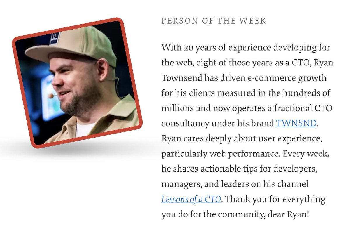 Our Person of the Week runs a fractional CTO consultancy and loves to share actionable tips for developers, managers, and leaders. Drumrolls, please, for... Ryan Townsend! Thank you for everything you do for the community, dear @ryantownsend! #smashingcommunity