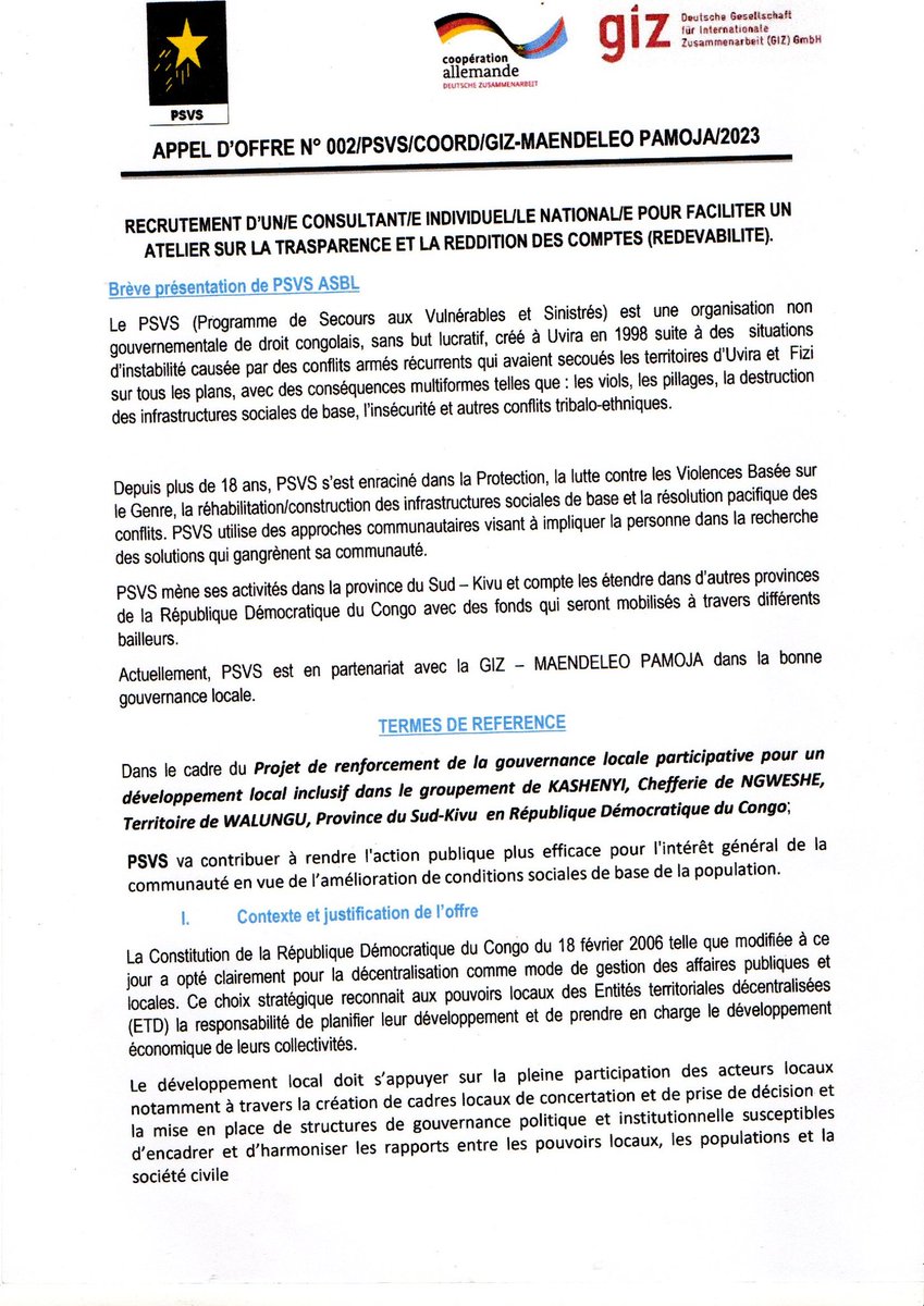 OfficielPSVS's tweet photo. APPEL D'OFFRE

@OfficielPSVS procède au recrutement d'un(e)  consultant(e) pour faciliter un atelier sur la transparence et la reddition des comptes (redevabilité)
Pour plus d'informations, consultez les contenus ci-dessous https://t.co/Ema16qiZ3n