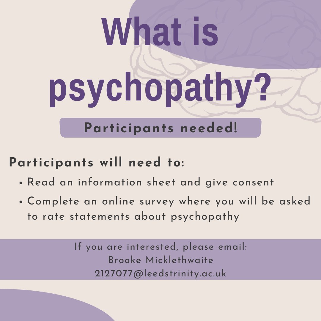 Hey! I'm doing a study right now about perceptions of psychopathy for my dissertation. I'd appreciate any responses and RTs! The more responses the better and it's completely anonymous.  

ltu.onlinesurveys.ac.uk/perceiving-psy…