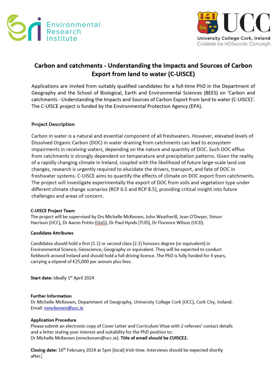 Michelle McKeown (@palaeo_mich) on Twitter photo 🌟x2 PhD Opportunity at University College Cork🎓
🔍EPA funded project on Carbon and catchments - Understanding the Impacts and Sources of Carbon
Export from land to water (C-UISCE)
📅 Application Deadline: 16th Feb 2024
🔗 Apply now - Information below
@NewGeographyUCC
<a href="/uccBEES/">Biological, Earth & Environmental Sciences, UCC</a> 🌟x2 PhD Opportunity at University College Cork🎓
🔍EPA funded project on Carbon and catchments - Understanding the Impacts and Sources of Carbon
Export from land to water (C-UISCE)
📅 Application Deadline: 16th Feb 2024
🔗 Apply now - Information below
@NewGeographyUCC
<a href="/uccBEES/">Biological, Earth & Environmental Sciences, UCC</a>