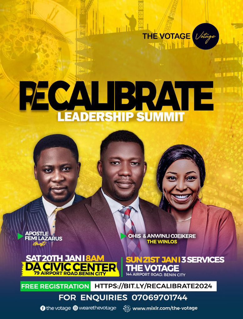 wearethevotage's tweet photo. A gathering of leaders is crucial at this time ( beginning of the year )– to align our minds and hearts for the rest of the year.

Join us for the Recalibrate Leadership Summit! Our pastors @thewinlos , and @lazarusfemi2 will be teaching and ministering to us.

#thevotage https://t.co/GMn5FCSzKr