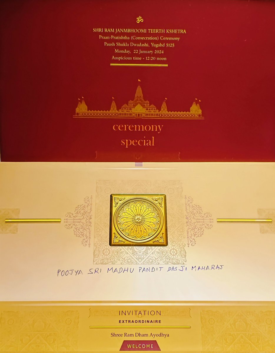 madhupanditdasa's tweet photo. Invitation for the auspicious Sri Ram Mandir Inauguration Ceremony and Ramlala Darshan at Maryadapuri Ayodhya  

#AyodhyaRamMandir https://t.co/OteYFuwXsU