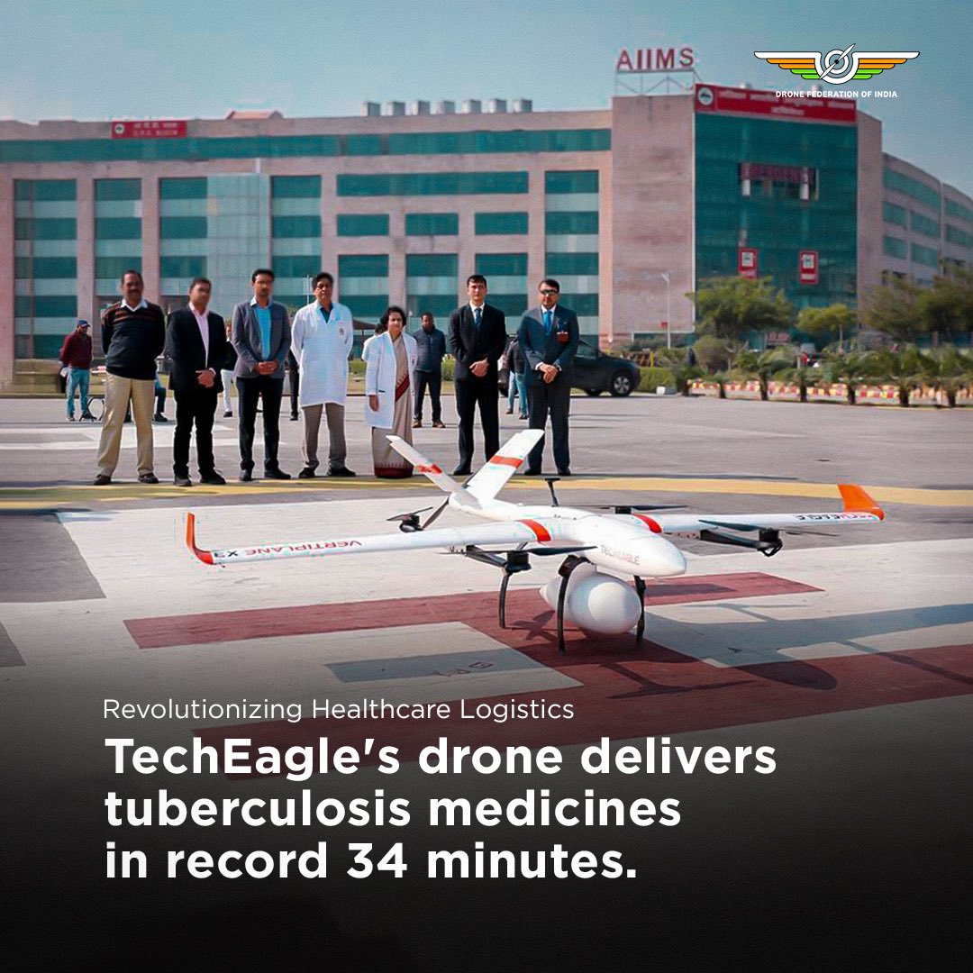 Drone News:

TechEagle Innovations a drone logistics company, announced on Saturday that its drone successfully transported essential tuberculosis medicine in just 34 minutes. The drone's journey from #AIIMS Rishikesh to remote areas such as Chamba Community Health Centre and