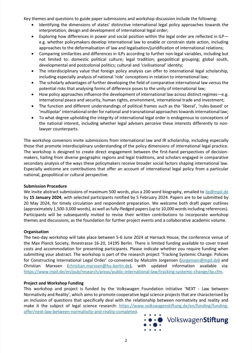 Malcolm Jorgensen (@malcyjorgy) on Twitter photo ⏱️ONE WEEK LEFT TO SUBMIT: *Call for Papers* for Interdisciplinary Berlin Workshop ‘Comparative International Legal Policy: National Political Approaches towards International Legal Order’, 5-6 June 2024. Jointly convened by <a href="/MPILheidelberg/">MPIL Heidelberg</a> <a href="/HumboldtUni/">Humboldt-Universität zu Berlin</a>:
mpil.de/en/pub/researc… ⏱️ONE WEEK LEFT TO SUBMIT: *Call for Papers* for Interdisciplinary Berlin Workshop ‘Comparative International Legal Policy: National Political Approaches towards International Legal Order’, 5-6 June 2024. Jointly convened by <a href="/MPILheidelberg/">MPIL Heidelberg</a> <a href="/HumboldtUni/">Humboldt-Universität zu Berlin</a>:
mpil.de/en/pub/researc…