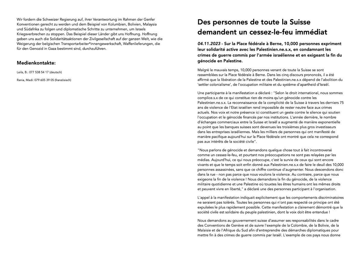 bern4palestine's tweet photo. +++ MEDIENMITTEILUNG / COMMUNIQUÉ DE PRESSE 04.11.23 +++ https://t.co/L0Pl3o237N