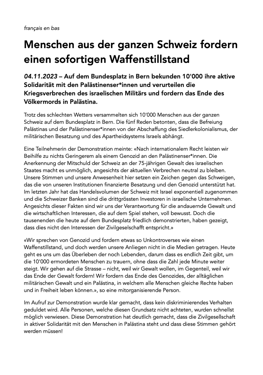 bern4palestine's tweet photo. +++ MEDIENMITTEILUNG / COMMUNIQUÉ DE PRESSE 04.11.23 +++ https://t.co/L0Pl3o237N