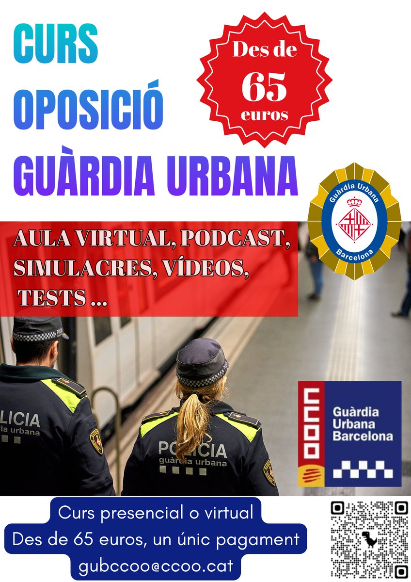 GUBCCOO's tweet photo. CURS DE PREPARACIÓ PER ACCEDIR A LA GUÀRDIA URBANA DE BARCELONA.

oferim una formació de qualitat i  a preu molt accessible, Hi ha la modalitat de formació presencial i la de formació virtual.

https://t.co/G1uW2weW12 https://t.co/2PMfbmF6J3
