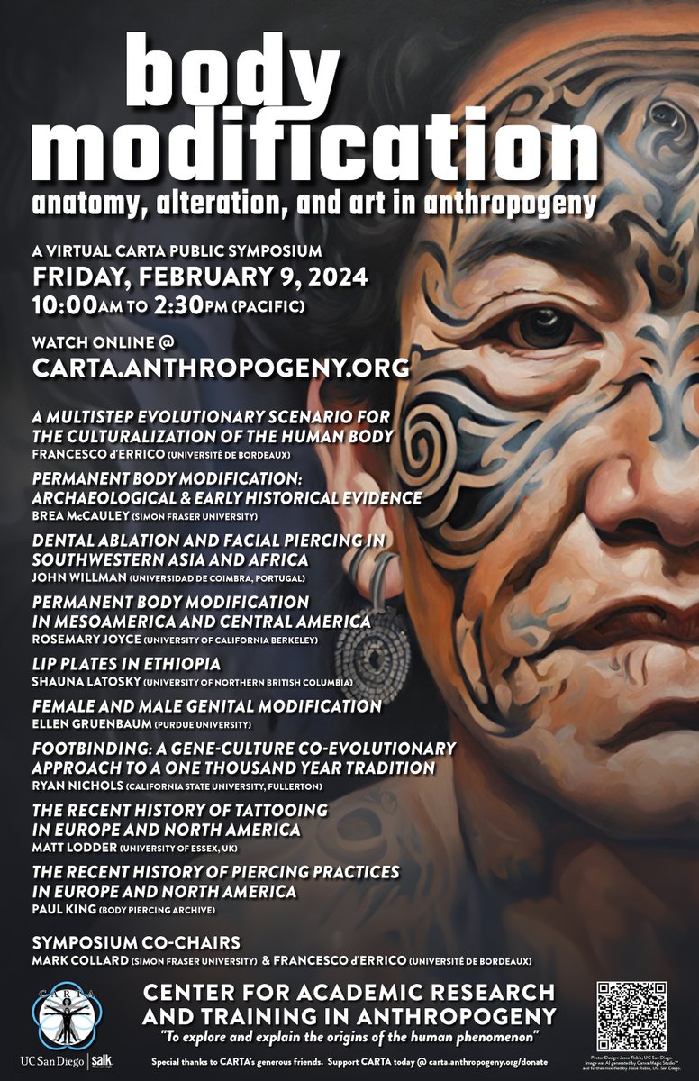 Join us on February 9th: Our colleague F. d’Errico co-hosts an exciting online symposium with M. Collard : Exploring Body Modification: Anatomy, Alteration, and Art in Anthropogeny! Program and register here: shorturl.at/kqSX1 @CARTAUCSD @CNRSecologie @univbordeaux