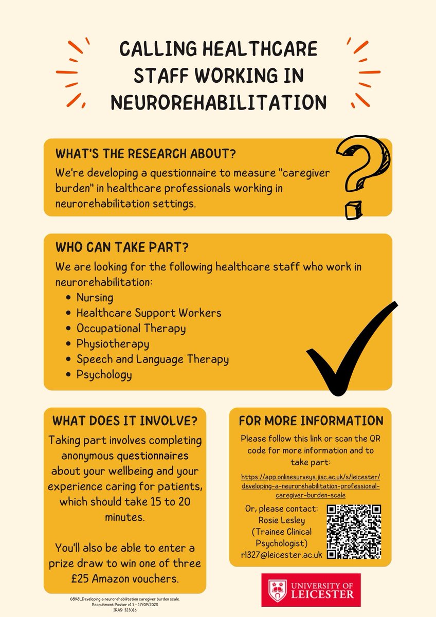 🗣️Are you a physio working in neuro rehab?

We'd like to hear about your experience of caring for people with a brain injury🧠

⬇️More info and to take part in the research (it only takes 15-20 mins):
app.onlinesurveys.jisc.ac.uk/s/leicester/de…

@acpin_EA @NorthEastACPIN @merseysideACPIN @WalesAcpin