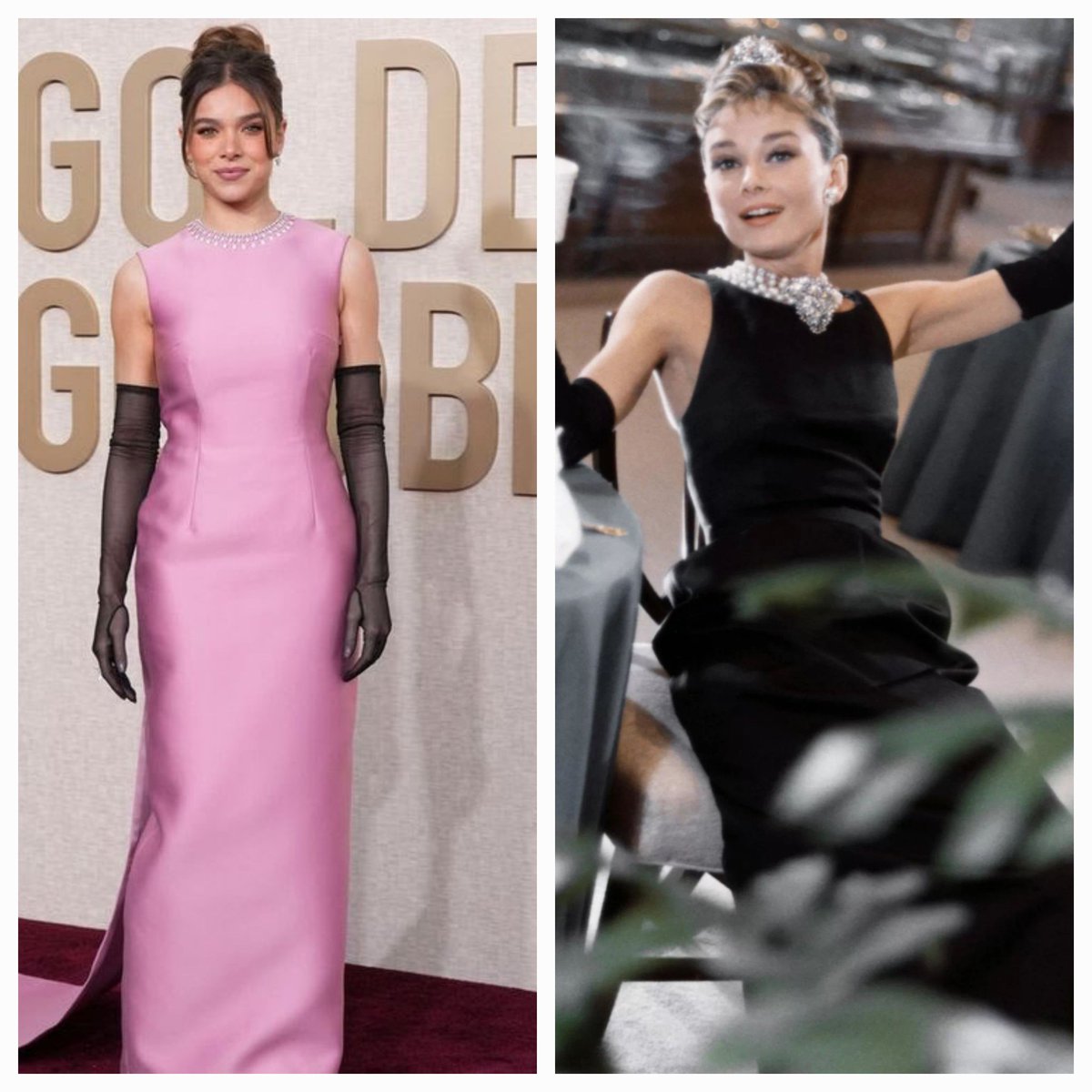 colourandimage's tweet photo. Hailee Steinfeld giving Audrey Hepburn in Breakfast at Tiffany's at last night's #GoldenGlobes2024
Her custom pink @prada gown looked amazing ✨️
#goldenglobes 
#redcarpetglam 
#bestdressed 
#Joancashman #StylingTheNation #Cork https://t.co/1oSSOEnAFo