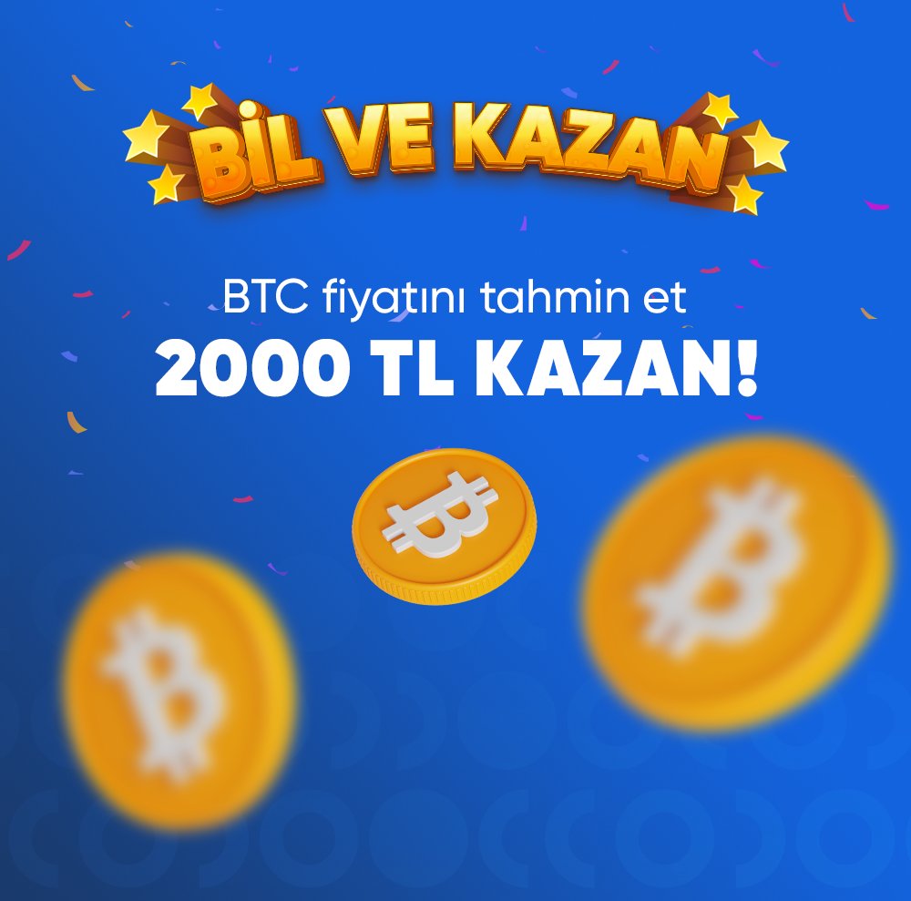 🚀 "BİL VE KAZAN" yarışması başladı! 💰
📆 Pazar günü saat 18:00'daki #BTC'nin değerini tahmin et ve ödüllerden birini kazanma şansını yakala! 
🥇 Birinciye 2000 TL
🥈 İkinciye 1000 TL
🥉 Üçüncüye 500 TL Hediye! 🎉

Katılmak için:
1️⃣ Ücretsiz Kupon Yöntemi (Gleam) ile veya
2️⃣