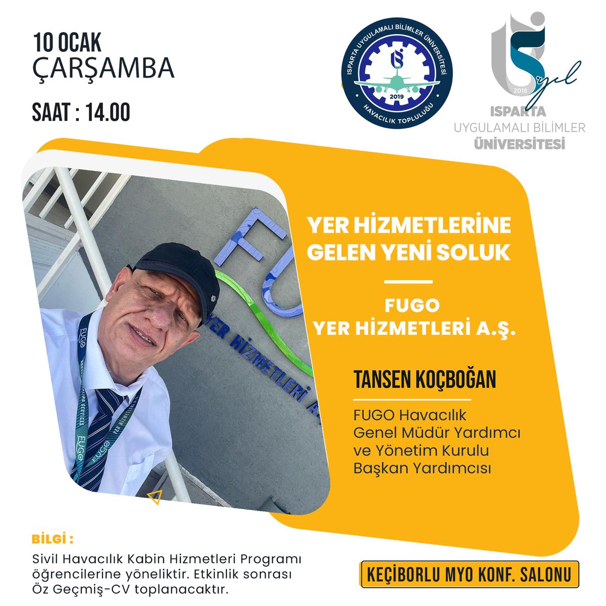 Topluluk olarak 10 Ocak Çarşamba günü 14.00'da FUGO Havacılık Genel Müdür Yardımcısı Tansen KOÇBOĞAN beyi Keçiborlu MYO'da topluluk üyelerimizle bir araya getireceğiz. Bu güzel etkinliğimizde sizleri de aramızda görmek isteriz.✈️

<a href="/isubu32/">Isparta Uygulamalı Bilimler Üniversitesi</a> 
<a href="/IspartaTopluluk/">isubu_topluluklar</a> 
<a href="/isubukmyo/">ISUBÜ Keçiborlu MYO</a>