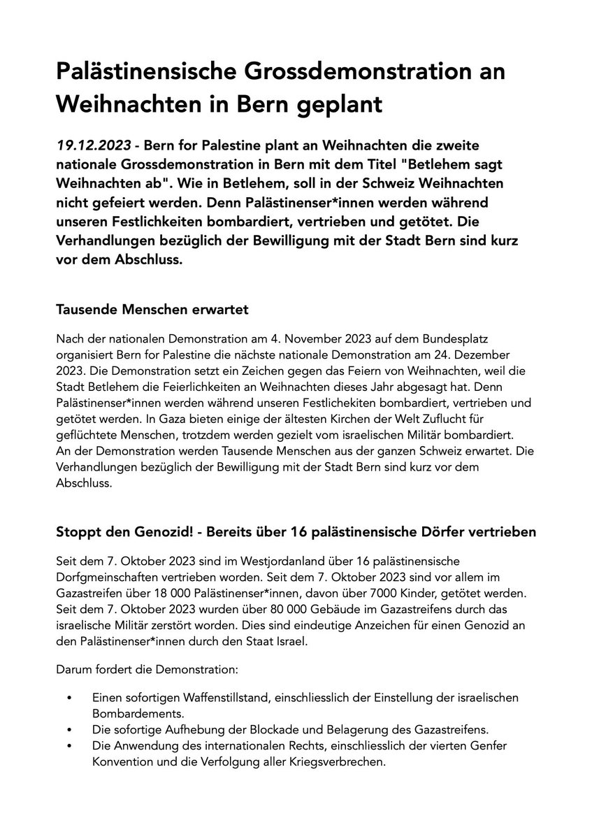 bern4palestine's tweet photo. +++ MEDIENMITTEILUNG 19.12.23 - Palästinensische Grossdemonstration an Weihnachten in Bern geplant +++ https://t.co/MV7fsWJUtU