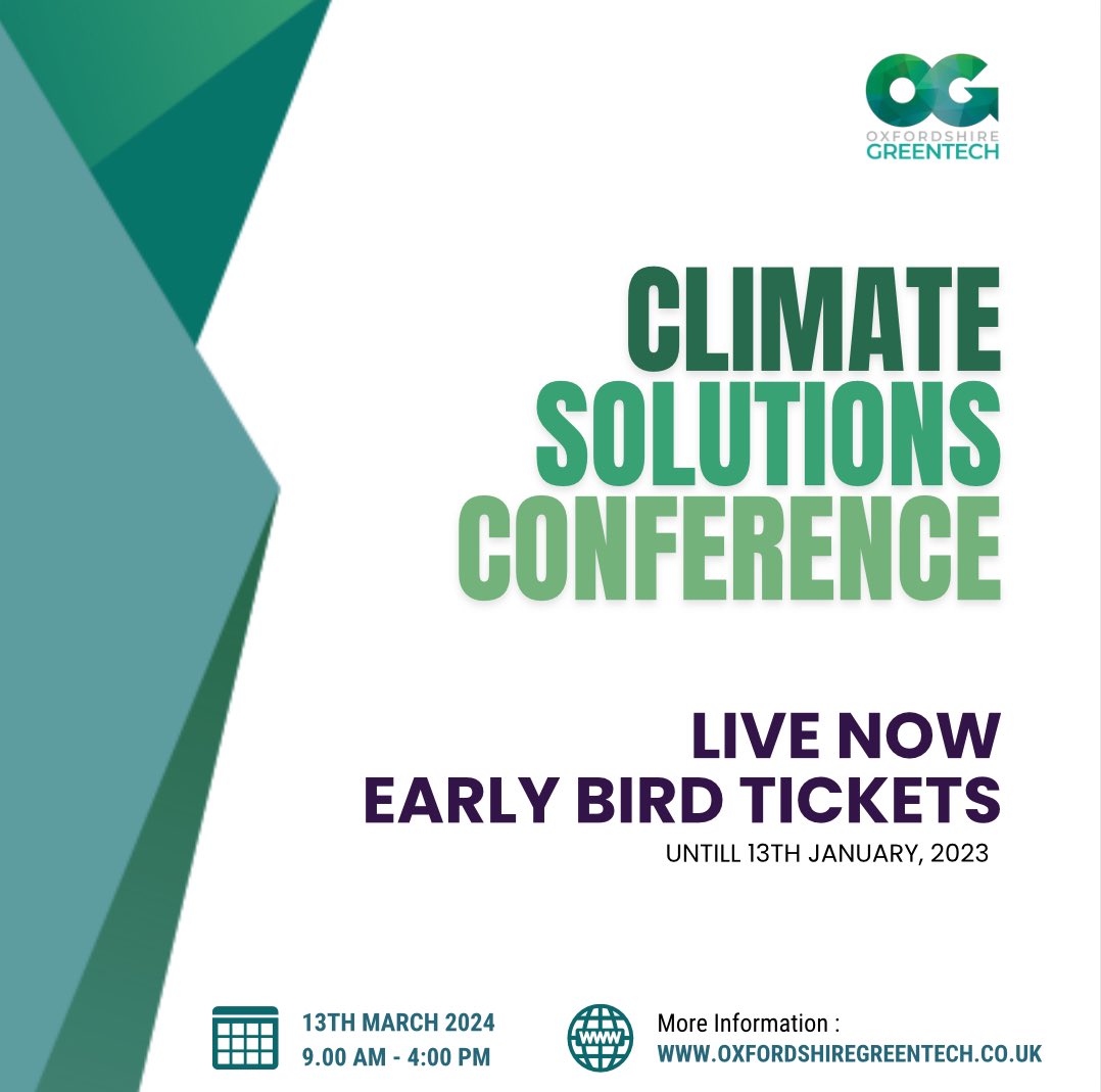 Join the race towards a Greener Future with Oxfordshire Greentech at the Climate Solutions Conference🌿

Only 5 days left to grab EARLY BIRD TICKETS - before January 13th! 

Secure your spot now at: tickettailor.com/checkout/view-… 

For more infos visit: oxfordshiregreentech.co.uk/4882-2/