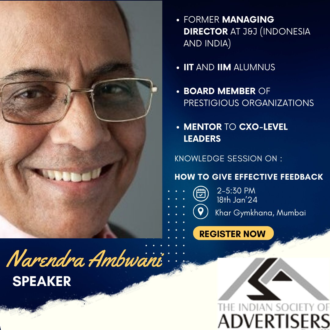 The Indian Society of Advertisers (@insoadvert) on Twitter photo Join us for an enriching session with Mr. <a href="/narenambwani/">Narendra Ambwani</a>, a distinguished industry veteran with a remarkable career as an MD spanning over three decades📷
To register, write to us at events@insocietyad.com
|#ISA | #ISAknowledgeSeries | #leadershipcoaching | #leadership | Join us for an enriching session with Mr. <a href="/narenambwani/">Narendra Ambwani</a>, a distinguished industry veteran with a remarkable career as an MD spanning over three decades📷
To register, write to us at events@insocietyad.com
|#ISA | #ISAknowledgeSeries | #leadershipcoaching | #leadership |