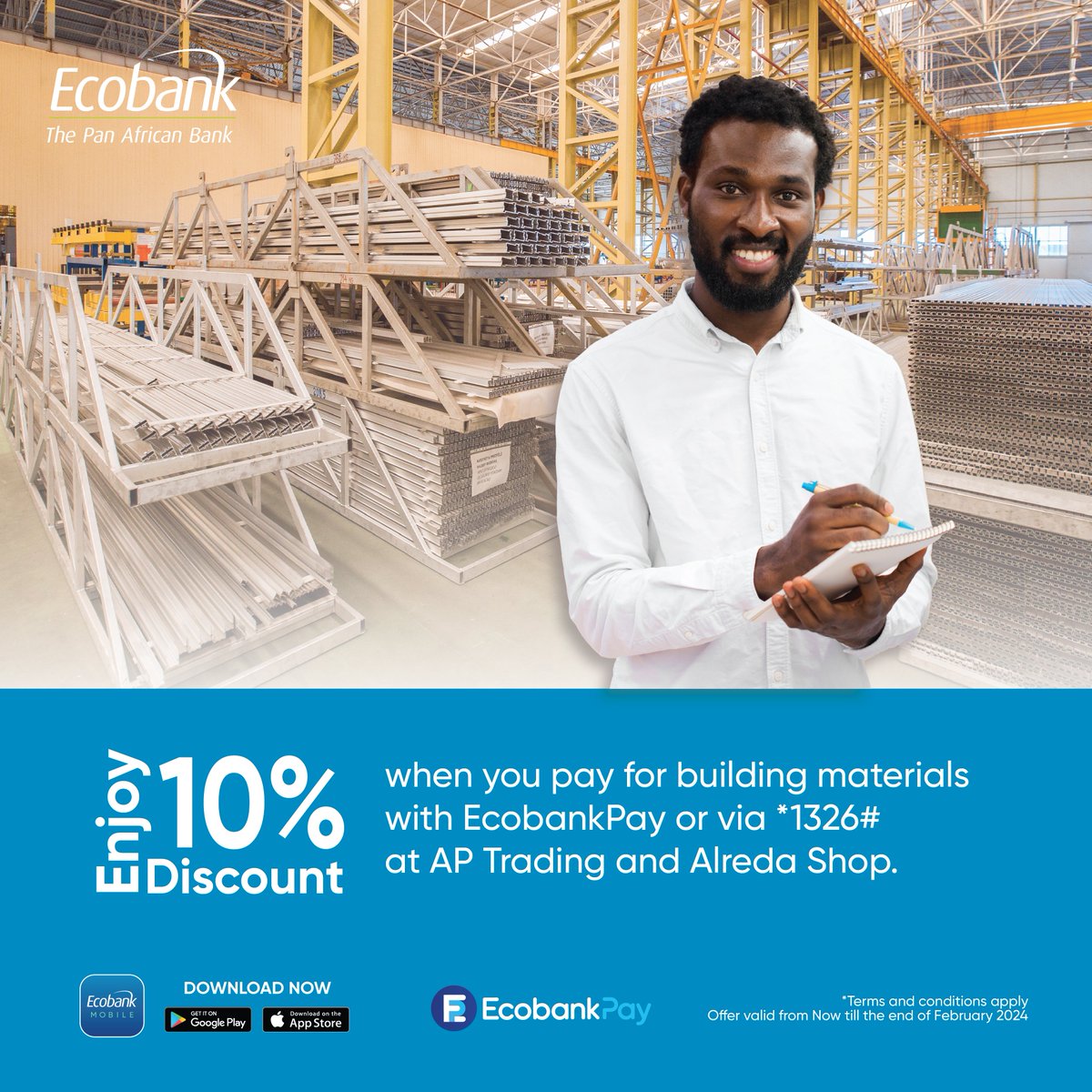 EcobankGambia's tweet photo. Transform your home with ease throughout the AFCON season! Enjoy a 10% discount on building materials at AP Trading and Alreda Shop when you pay with EcobankPay using your Mobile App or via *1326#.
#EcobankPay
#TotalEnergiesAFCON2023
#EcobankAFCON2023 https://t.co/D56zSi9lpI