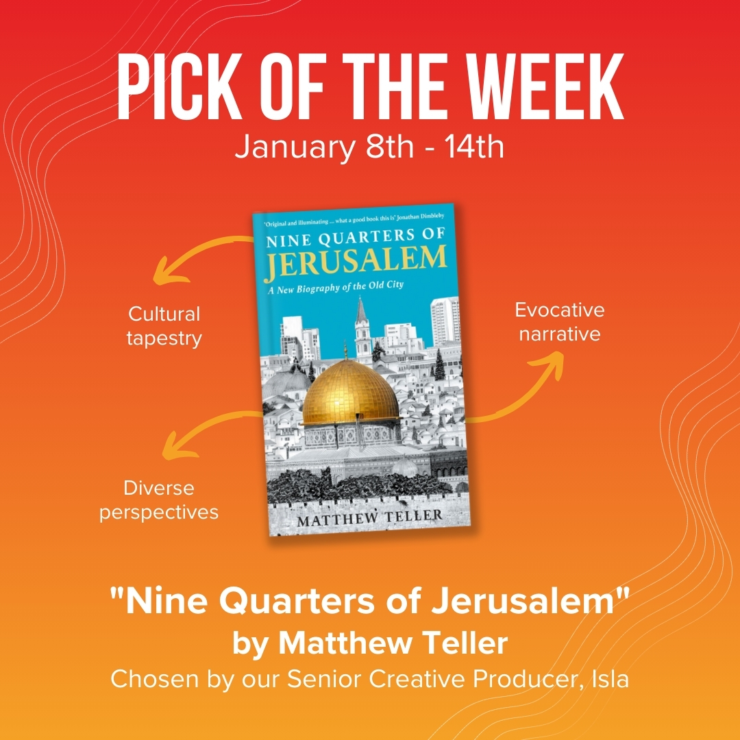 This week's #PickOfTheWeek is 'Nine Quarters of Jerusalem' by @matthewteller! 📚 Chosen by #BradfordLitFest Senior Creative Producer, Isla, she loved exploring this unique city's cultural tapestry and diverse perspectives.