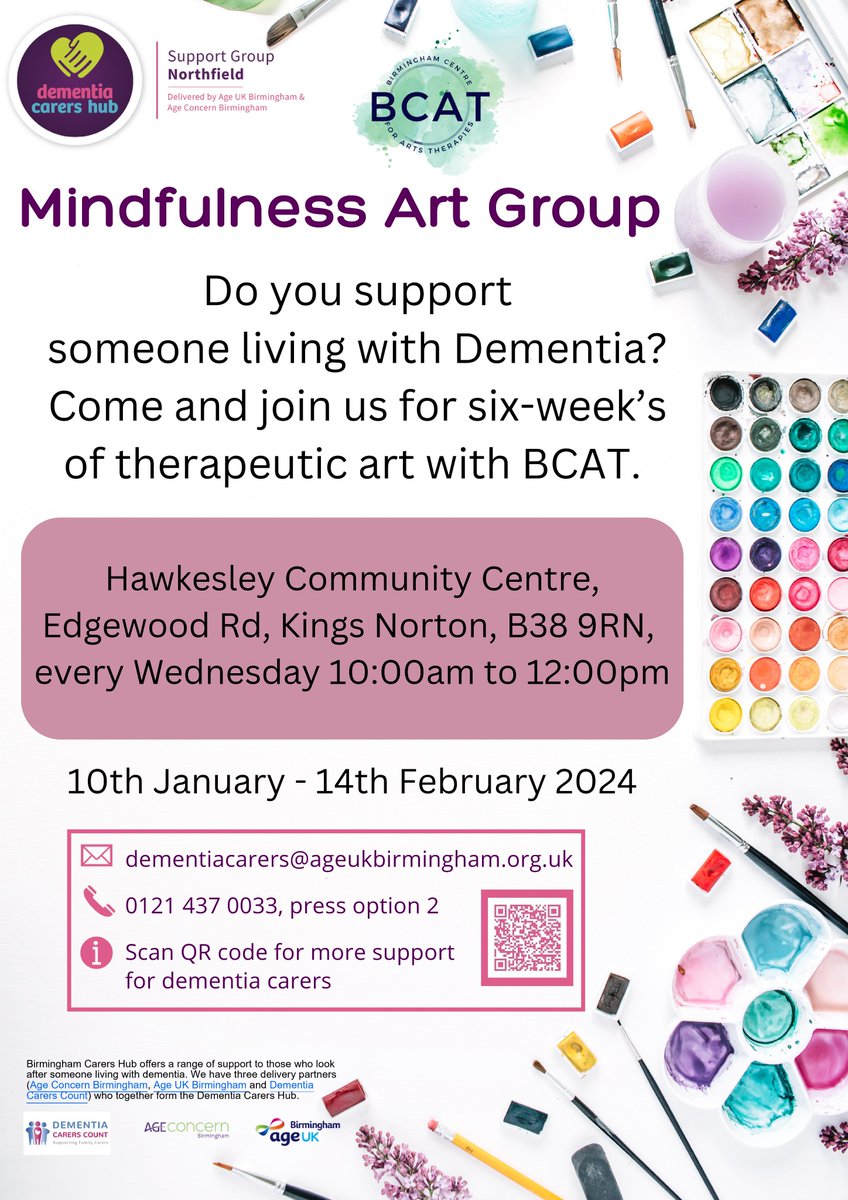 Do you support someone living with Dementia? You may be interested in the Mindfulness Art Group! Come along and take part in 6 weeks of therapeutic art. Hawkesley Community Centre, Edgewood Rd, B38 9RN Wednesdays between 10th January - 14th February 24 10am-12pm