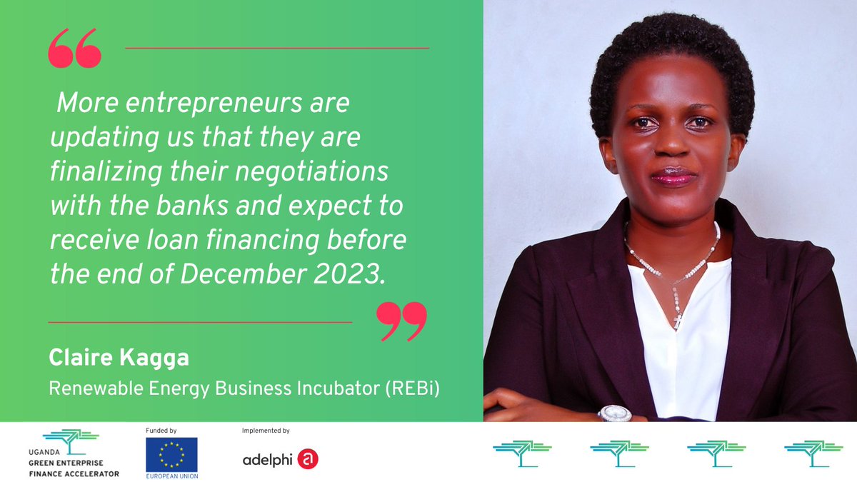 We want to highlight the importance of scaling #greenfinance for #SMEs with a quote by Claire Kagga from the Renewable Energy Business Incubator (REBi), which has implemented 4 Catalyser cohorts with 38 enterprises in total Read about UGEFA in 2023 👉 ugefa.eu/news/ugefa-yea…