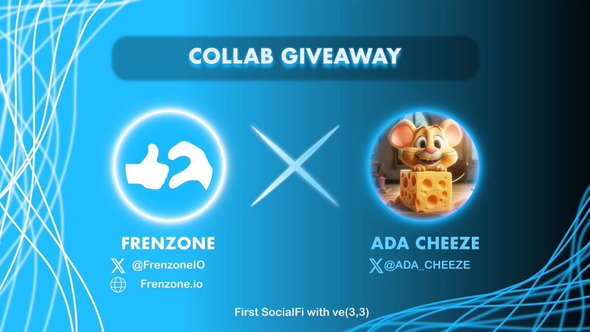 frenzoneIO's tweet photo. 🎁𝐂𝐨𝐥𝐥𝐚𝐛 𝐆𝐢𝐯𝐞𝐚𝐰𝐚𝐲
𝐅𝐫𝐞𝐧𝐳𝐨𝐧𝐞 - First SocialFi with ve(3,3) 🤝 𝐀𝐃𝐀 𝐂𝐇𝐄𝐄𝐙𝐄

🏆5 WL free-mint from @ADA_CHEEZE
🏆5 WL from @frenzoneIO
To enter: 
1️⃣ Follow @frenzoneIO &amp; @ADA_CHEEZE
2️⃣Like❤, RT &amp; tag 2 friends

#Socialfi #Frenzone #Aptos #NFT #Giveaways https://t.co/BIB39WtKg3